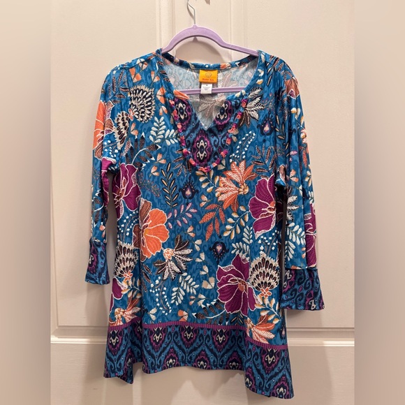 Ruby Rd. Tops - 3 for $20 - * Teal Floral V-Neck Tunic with Purple & Orange Accents
